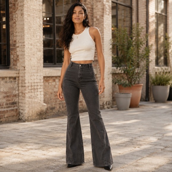 We The Free Denim - We The Free High Waisted Jeans Wide Leg Bell Bottom Womens Size 28 Faded Black
